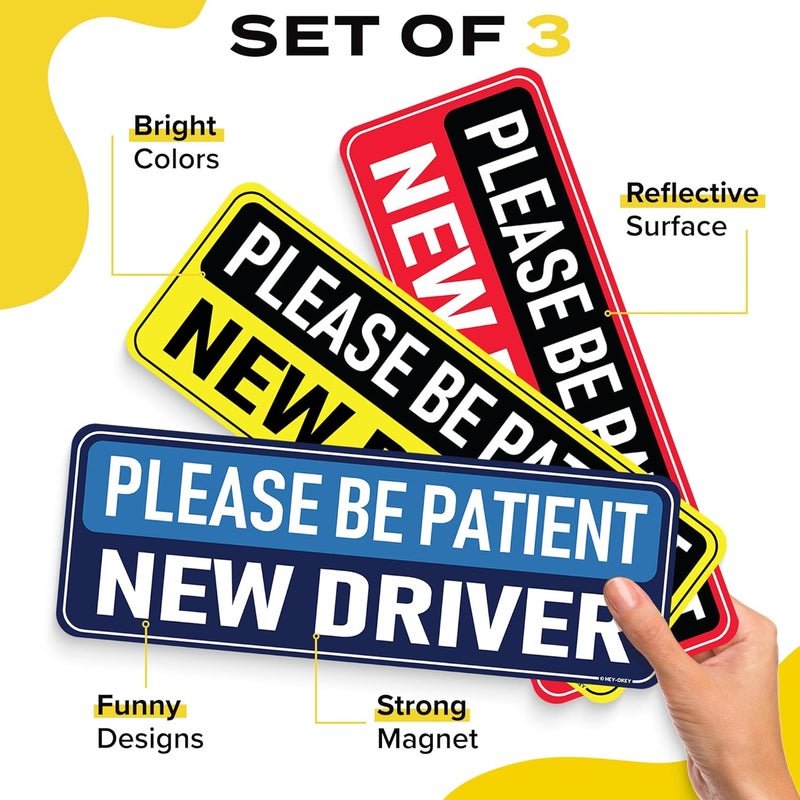 HEY-OKEY 3-Pack New Driver Magnet for Car – Metal Only (Not for Plastic/Aluminum) – Funny Please Be Patient Reflective Magnetic Bumper Sticker – Removable Rookie Safety Signs – 10 x 3.5 in - Image 2